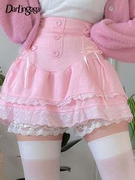 skirt Darlingaga Lolita Style Sweet Pink Lace Trim High Waist Mini Skirt Women Harajuku Korean Tie Up Pleated Skirt Double Layer Cute