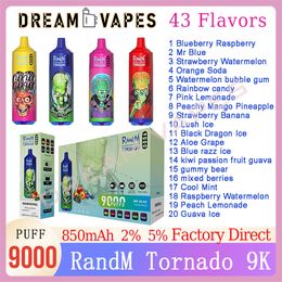 Original RandM Tornado 9000 Puff Disposable E Cigarettes 0.8ohm Mesh Coil 18ml Pod Battery Rechargeable 2% 5% RGB Light 43 Flavours Puffs 9K