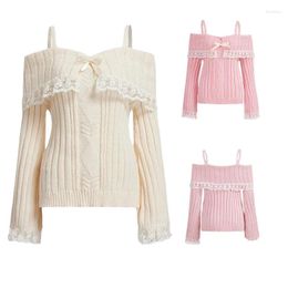 Women's Sweaters Sweet Y2k Lace Knit One Shoulder Sweater Vintage Strap Pullovers Bow Sexy Slim Tops Spice Casual Aesthetics Autumn Women