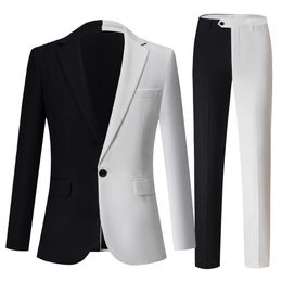 Men's Polos Fashion Mens Business Black and White Contrast Colour Suit Trousers Male Slim Stage Party 2 Pcs Blazers Jacket Pants Sets 230426