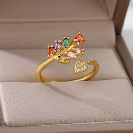 Band Rings Zircon Colourful Leaves Rings For Women Stainless Steel Adjustable Tree Branch Leaves Ring Wedding Engagement Jewellery Gift AA230426