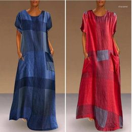 Casual Dresses Women Dress Short Sleeve Plaid Maxi Retro Cotton Linen Ladies Loose Long Plus Size Summer 2023