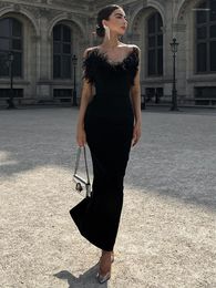 Casual Dresses 2023 Feathers V-Neck Elegant Maxi Dress Sexy Backless Sleeveless Club Party Gown Slip Bodycon Clothes Vestido