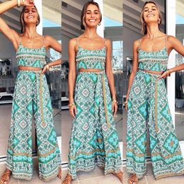 Women's Tracksuits Boho Inspired Floral Print 2 Piece Set Women Crop Top Elastic Waist Wild Leg Pants Summer Two Outfits 2023