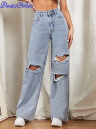 Women's Jeans DenimColab Hole Washed Wide Leg Pants Jeans Women Loose Boyfriend Jeans 100% Cotton Mom Jeans Casual Trousers Denim Pants 230427