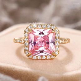 Wedding Rings Huitan Square Pink Cubic Zirconia Sweet Engagement Accessories For Women Silver Color Luxury Trendy Jewelry Gifts