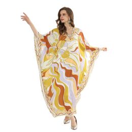 Dresses Autumn 2021 Middle East Vneck Dress New Women's Knitted Silk Printed Robe Vestido De Mujer