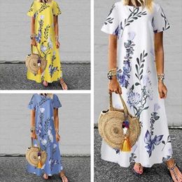 Womens Large Size Summer Dresses Round Neck Short Sleeves Printing A Word Pocket