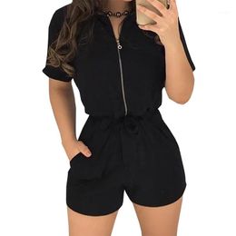 Women's Jumpsuits & Rompers Sexy Zipper Short Sleeve Stitching Shorts Bodysuit Playsuit Casual Solid Color Women Jumpsuit