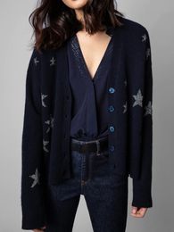 Cardigans 100% Silk 2022 Spring New Long Sleeve Sweater Star Pattern Singlebreasted Women Cardigan