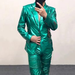 Men's Suits Blazers Men Leather Suit CoatPleated Mirror Shorts Elastic Reflective PU 2pcs/Set Bar Nightclub Singer Dancer Performance Costume S-6XL 230427