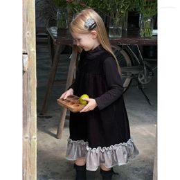 Girl Dresses 8076 Children Dress 2023 Autumn Winter Contrast Stitching Velvet Girl's Sleeveless Princess Vest Skirt