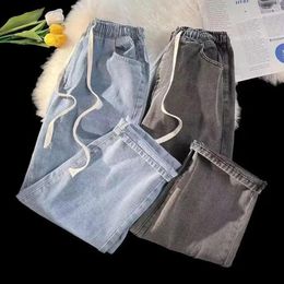 Men's Jeans Solid Colour Pants Wide Leg Denim For Men Elastic Waist Drawstring Trousers With Pockets Loose Fit Straight A