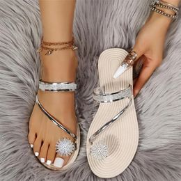 Slippers Women's Flower Rhinestone Flat Flip Flops Fashion Open Toe Non Slip Loop Slides Shoes Casual Beach