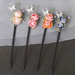 Hair Clips Vintage Rose Flower Butterfly Wooden Fork For Women Girl Antique Stick Clip Costume Chinese Hanfu Accessorie