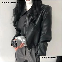 Womens Leather Faux Cropped Jacket For Women Fashion Lapel Zipper Biker Top Coats Casual Long Sleeve Ladies Jackets Mujer Drop Deliver Otatf