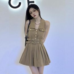 Casual Dresses Fashion Street Cargo Backless Dress 2023 Summer Sexy Sleeveless Halter Slim Pleated Women Khaki Vintage Vestido Mujer