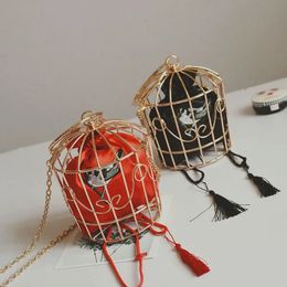 Cosmetic Bags Cases Women s Birdcage Evening Bag Clutch Metal Frame Embroidery Bucket Bird Cage Mini Purse Women Gold Tassel Handbag 231127