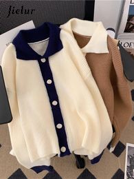 Cardigans Jielur Autumn Cashmere Contrast Colour Knit Cardigan Women's Short Sweaters Lazy Loose Polo Collar Khaki White Sweater Jacket