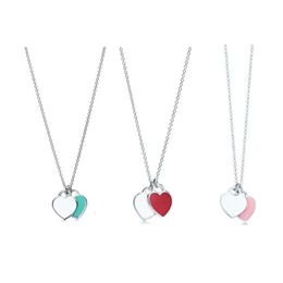popular Necklace Double Heart 925 Silver Enamel Love Collar Chain Pink Blue Heart Simple Valentine's Day Gift for Girlfriend with Gift Box