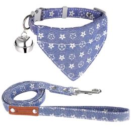 Dog Leash Collar Set - 2 Pack Embroidery Pawprints Plaid Dog Collars and Leash Tangle Free, Bandana Collar with Bell, Adjustable Collar Set for Dogs Cats Outdoor Walking