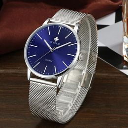 Wristwatches WWOOR 2023 Fashion Blue Watch For Mens Top Quartz Wrist Man Casual Slim Mesh Steel Waterproof Sport Men