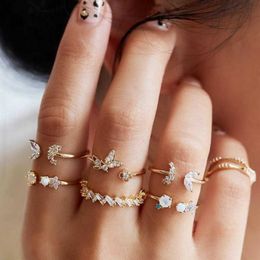 Band Rings Vintage Boho Butterfly Flower Rings Set For Women Crystal Zircon Moon Stars Leaf Knuckle Finger Ring Girls Party Wedding Jewellery AA230426