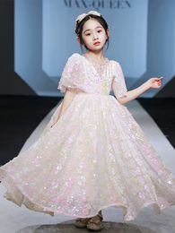 Shiny Flower Girls Dress Wedding Pearls Teenage Children Princess Party Long Graduation Gown Baby Kids Dresses For Girl Summer Birthday Clothes 403