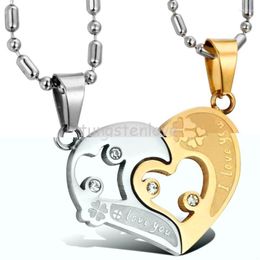 Pendant Necklaces Couple Stainless Steel Combining Heart "I Love You" Lucky Clover Necklace Gold Silver Color Tone