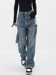 Women's Jeans Ripped Jeans for Women High Waisted Wide Leg Denim Pants Irregular High Street Full Length Blue Trousers Chic Y2k Jeans Spring 230427