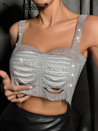 Women's Tanks Sexy See Through Rhinestone Corset Crop Top Women Summer Halter Luxury Party Tank Rave Night Club Outfits Y2k Tops Camisas