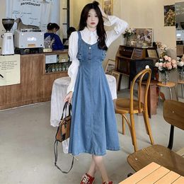 Casual Dresses Large Size M-4XL 40-100 KG Women's Dress Sets Autumn Denim Suspenders White Long Sleeve Shirts Female Two Piece Suits