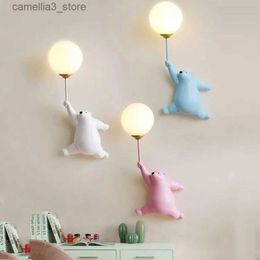 Wall Lamps Nordic Modern Creative LED Teddy Bear Cartoon Wall Lamp for Children's Bedroom Bedside Blue White Pink Warm Cosy Background Q231127