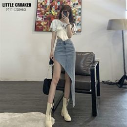 Dresses Vintage Ripped Jeans Skirt Women Asymmetrical High Waist Denim Skirts Female Summer Chic Streetwear Stylish Sexy Hot Skirts