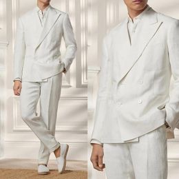 Men's Suits Eleglant White Linen Men Wedding Tuxedo Double Breasted Peaked Lapel For Business Party Form Two Pieces Jacket And Pants