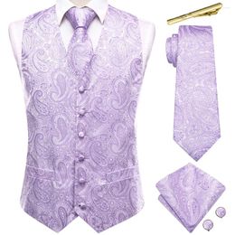 Men's Vests Wedding Light Purple Silk Men Vest Paisley Jacquard Sleeveless Waistcoat Clips Necktie Hanky Cufflinks Set Business Party Hi-Tie