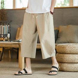 Men's Shorts Cotton Linen Men's Summer Casual Loose Beach Pants Quick Dry Elastic Waist Men Drawstring Cropped Sports