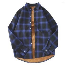 Men's Casual Shirts Fall Winter Men Shirt Thick Plush Lapel Long Sleeve Single-breasted Plaid Print Warm Cardigan Buttons Preppy Style Top