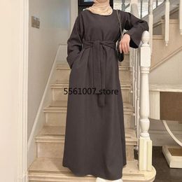 Ethnic Clothing Arab Abaya Dubai Turkey Islamic Muslim Solid Belted Maxi Dresses For Women Robe Longue Femme Musulmane Kaftan Vestidos