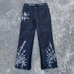 Jeans masculinos y2k para homens harajuku impressão de tinta personalizada casual perna larga preto gótico hip hop moda solta calças retas