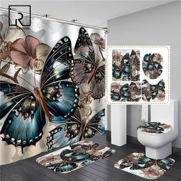 Curtains Big Butterflies with Flowers Print Shower Curtain Set 3D Elegant Flannel Toilet Lid Cover Antislip Kitchen Mat Rug Home Carpets