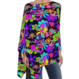 T-Shirt Hippie Flower Power TShirt Peace Colourful 60s Retro Long Sleeve T Shirts Korean Fashion Oversized Tee Shirt Print Clothes