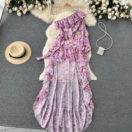 Spring and Summer New Design Sense Dress One Shoulder Fragmented Flower Dress Irregular Ruffle Edge Hollow Tea Break Long Dress