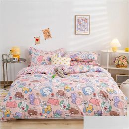 Bedding Sets Cute Bear Set Girls Boys Kids Single Double Size Flat Sheet Duvet Er Pillowcase Bed Linens White Blue Home Textile Drop Dhune