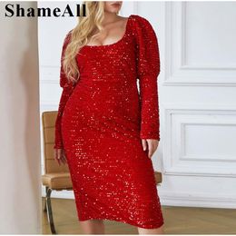 Dresses Plus Size Glitter Sequins Square Neck Long Sleeve Midi Dress 4XL Sexy Backless Split Bodycon Prom Dress Party Elegant Gown Robe