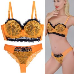 Bras Sets DaiNaFang Sexy Floral Bow Women Bras Set Push Up Underwear Yellow Red Pink Blue Beige ABCDE Cup Plus Size Lace Lingerie 230427