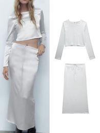 Suits TRAF Elegant Soft Silk Skirt Sets 2022 Vintage Long Sleeve Back Zipper Blouse Female Casual Sexy Skirt Ladies Fashion Streetwear