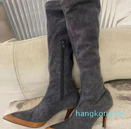 Denim knee boots Woman Boots autumn and winter Pointed Toes side zipper Denim Stiletto Heel Fashion Luxury Designer factory footwear