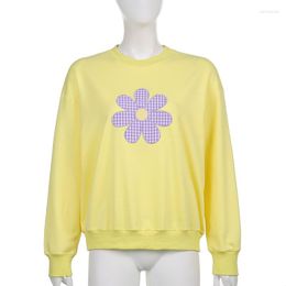 Women's Hoodies 2023 Embroidered Gingham Daisy Flower Applique Sweatshirt Women Autumn Winter Loose Long Sleeve Y2K Pullover Street Fashion