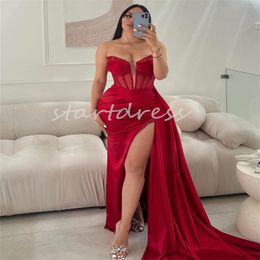 Charming Mermaid Red Prom Dress With Slit Beaded Sequin Plus Size African Evening Gowns 2024 Gorgeous Formal Party Dress Sweetheart Satin Glam Birthday Vestios Gala